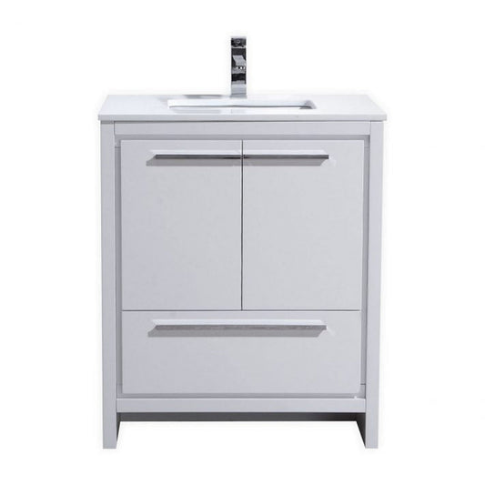 KubeBath Dolce 30" High Gloss White Freestanding Modern Bathroom Vanity With Quartz Vanity Top & Ceramic Sink With Overflow