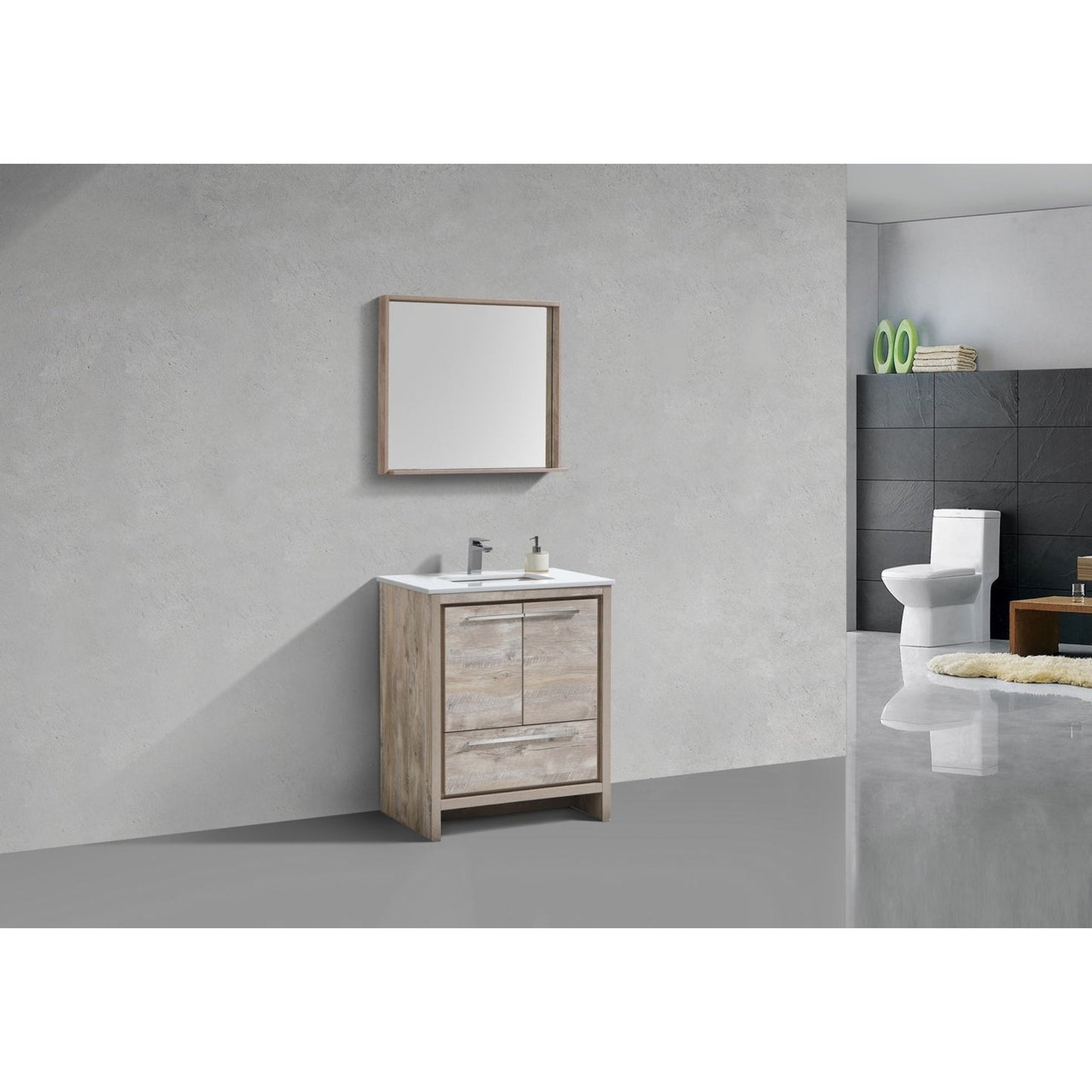 KubeBath Dolce 30" Nature Wood Freestanding Modern Bathroom Vanity With Quartz Vanity Top & Ceramic Sink With Overflow and 30" Wood Framed Mirror With Shelf