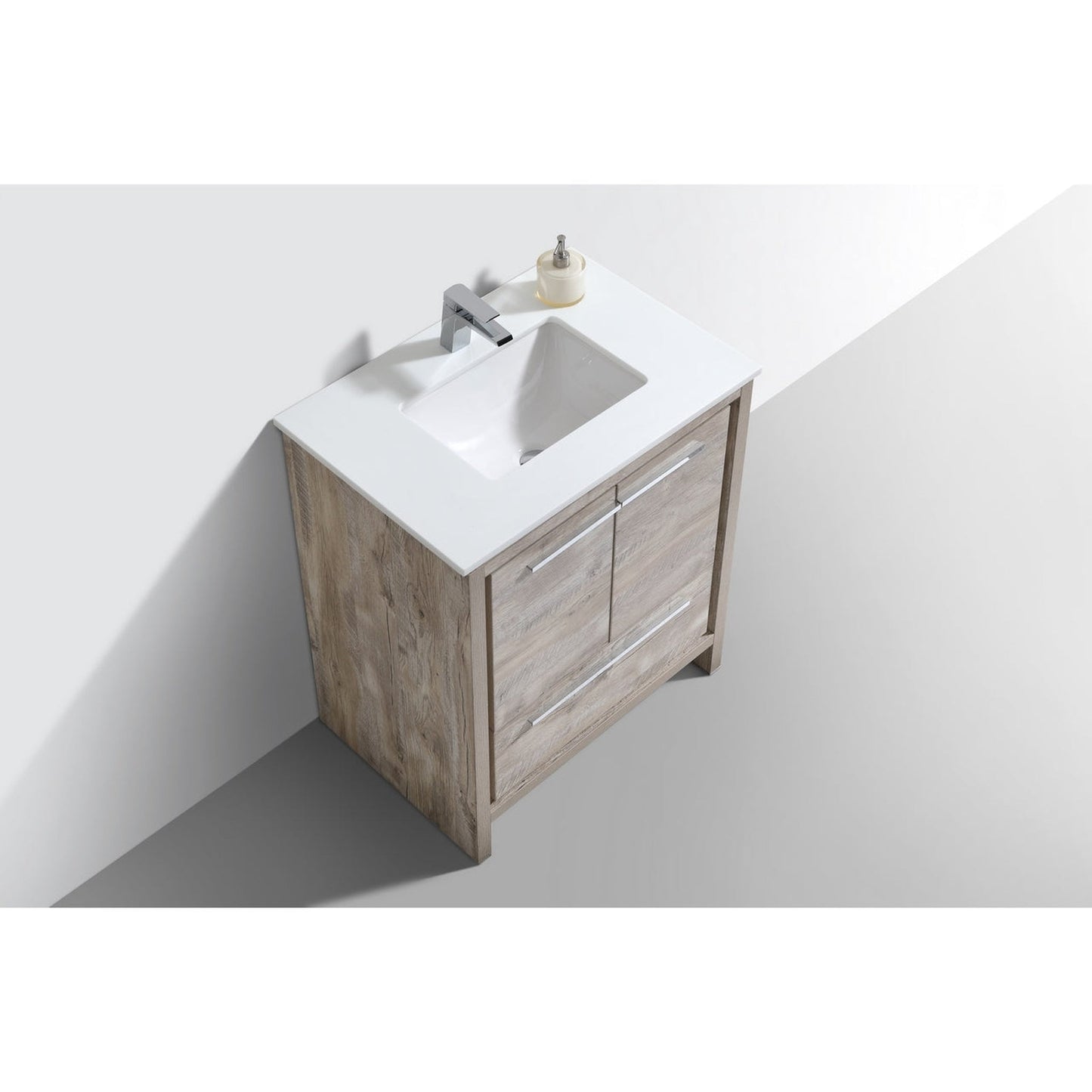 KubeBath Dolce 30" Nature Wood Freestanding Modern Bathroom Vanity With Quartz Vanity Top & Ceramic Sink With Overflow and 30" Wood Framed Mirror With Shelf