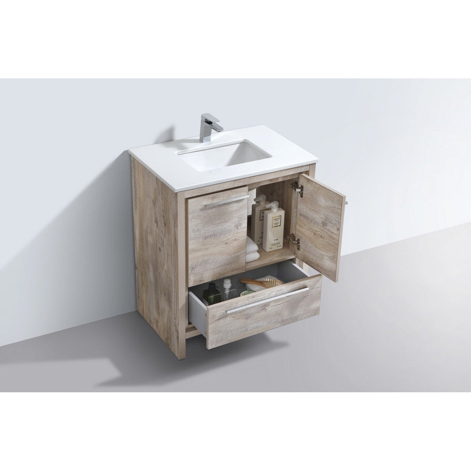 KubeBath Dolce 30" Nature Wood Freestanding Modern Bathroom Vanity With Quartz Vanity Top & Ceramic Sink With Overflow and 30" Wood Framed Mirror With Shelf