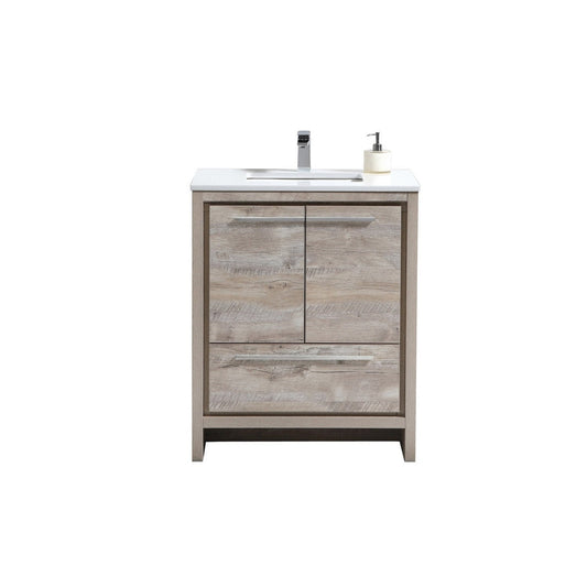 KubeBath Dolce 30" Nature Wood Freestanding Modern Bathroom Vanity With Quartz Vanity Top & Ceramic Sink With Overflow and 30" Wood Framed Mirror With Shelf