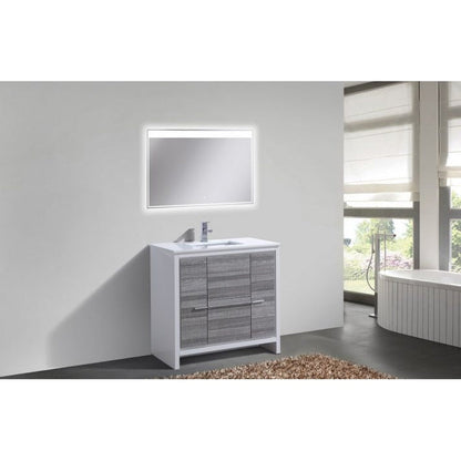 KubeBath Dolce 36" Ash Gray Freestanding Modern Bathroom Vanity With Quartz Vanity Top & Ceramic Sink With Overflow and 36" White Framed Mirror With Shelf
