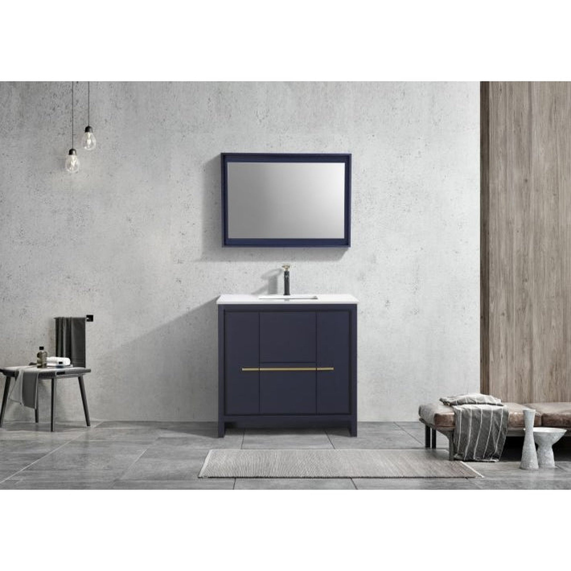 KubeBath Dolce 36" Blue Freestanding Modern Bathroom Vanity With Quartz Vanity Top & Ceramic Sink With Overflow