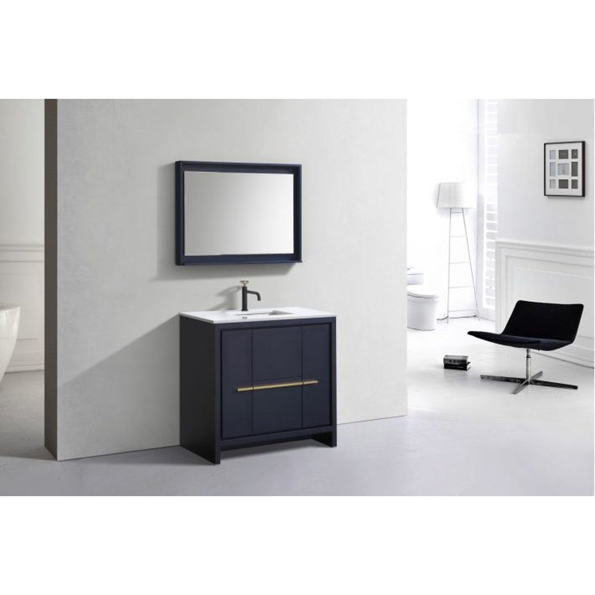 KubeBath Dolce 36" Blue Freestanding Modern Bathroom Vanity With Quartz Vanity Top & Ceramic Sink With Overflow and 36" White Framed Mirror With Shelf