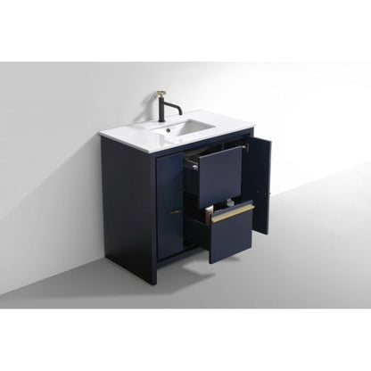 KubeBath Dolce 36" Blue Freestanding Modern Bathroom Vanity With Quartz Vanity Top & Ceramic Sink With Overflow and 36" White Framed Mirror With Shelf
