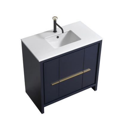 KubeBath Dolce 36" Blue Freestanding Modern Bathroom Vanity With Quartz Vanity Top & Ceramic Sink With Overflow and 36" White Framed Mirror With Shelf
