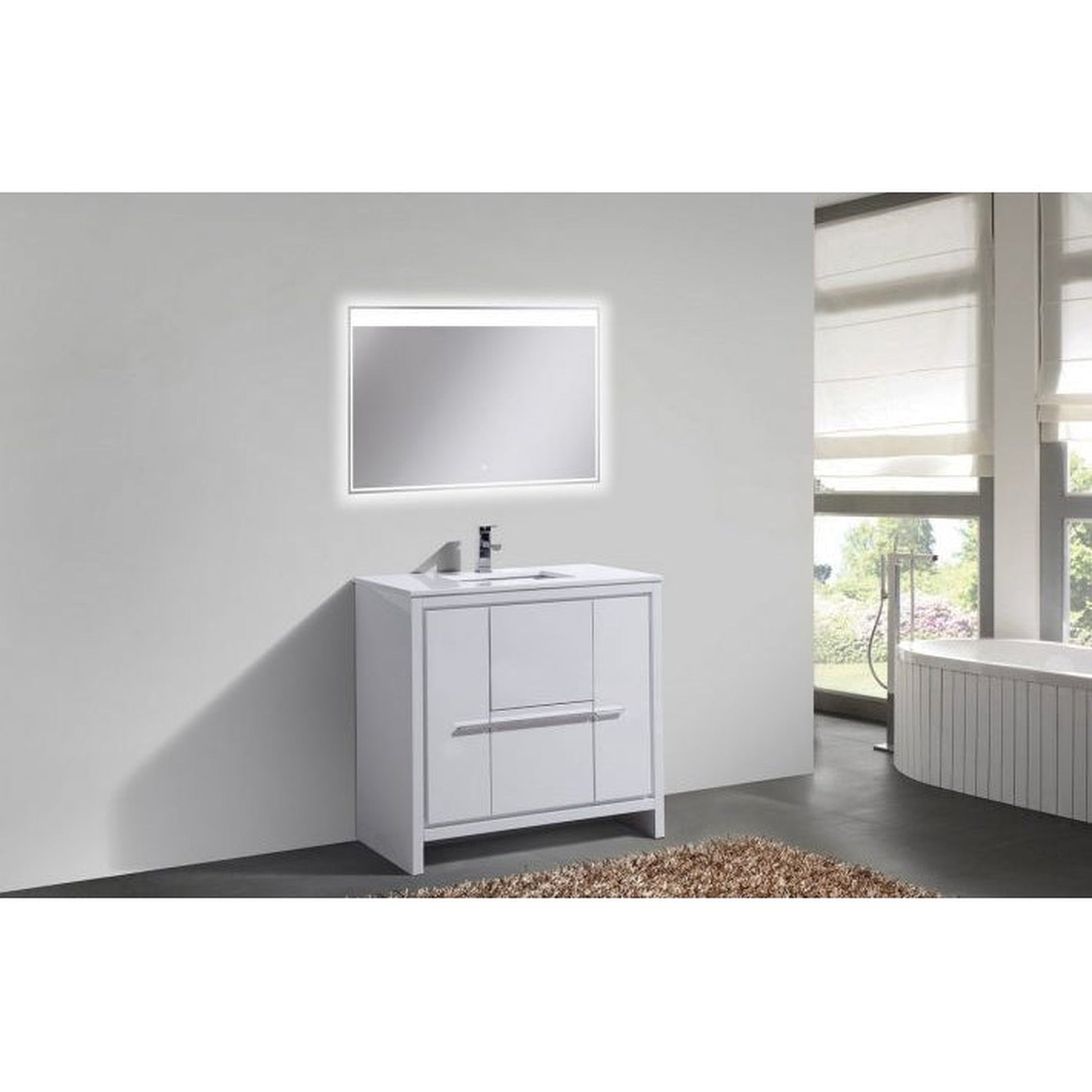 KubeBath Dolce 36" High Gloss White Freestanding Modern Bathroom Vanity With Quartz Vanity Top & Ceramic Sink With Overflow and 36" White Framed Mirror With Shelf