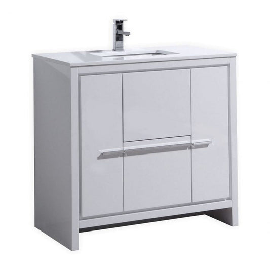 KubeBath Dolce 36" High Gloss White Freestanding Modern Bathroom Vanity With Quartz Vanity Top & Ceramic Sink With Overflow