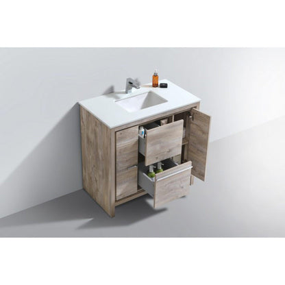 KubeBath Dolce 36" Nature Wood Freestanding Modern Bathroom Vanity With Quartz Vanity Top & Ceramic Sink With Overflow