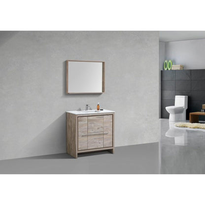 KubeBath Dolce 36" Nature Wood Freestanding Modern Bathroom Vanity With Quartz Vanity Top & Ceramic Sink With Overflow and 36" Wood Framed Mirror With Shelf