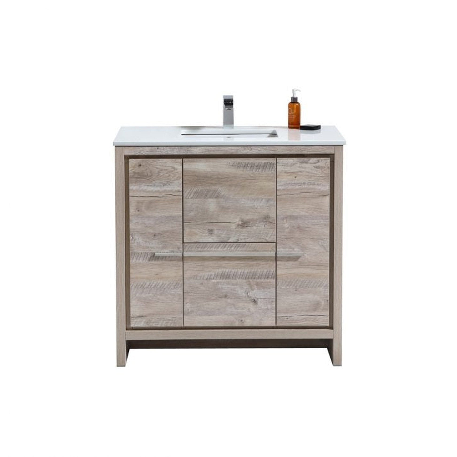 KubeBath Dolce 36" Nature Wood Freestanding Modern Bathroom Vanity With Quartz Vanity Top & Ceramic Sink With Overflow and 36" Wood Framed Mirror With Shelf