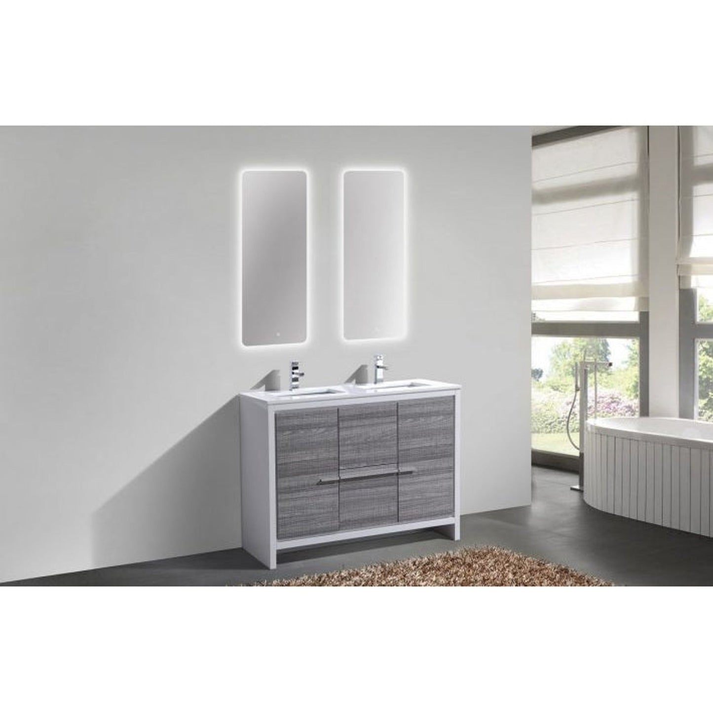 KubeBath Dolce 48" Ash Gray Freestanding Modern Bathroom Vanity With Quartz Vanity Top & Ceramic Double Sink With Overflow