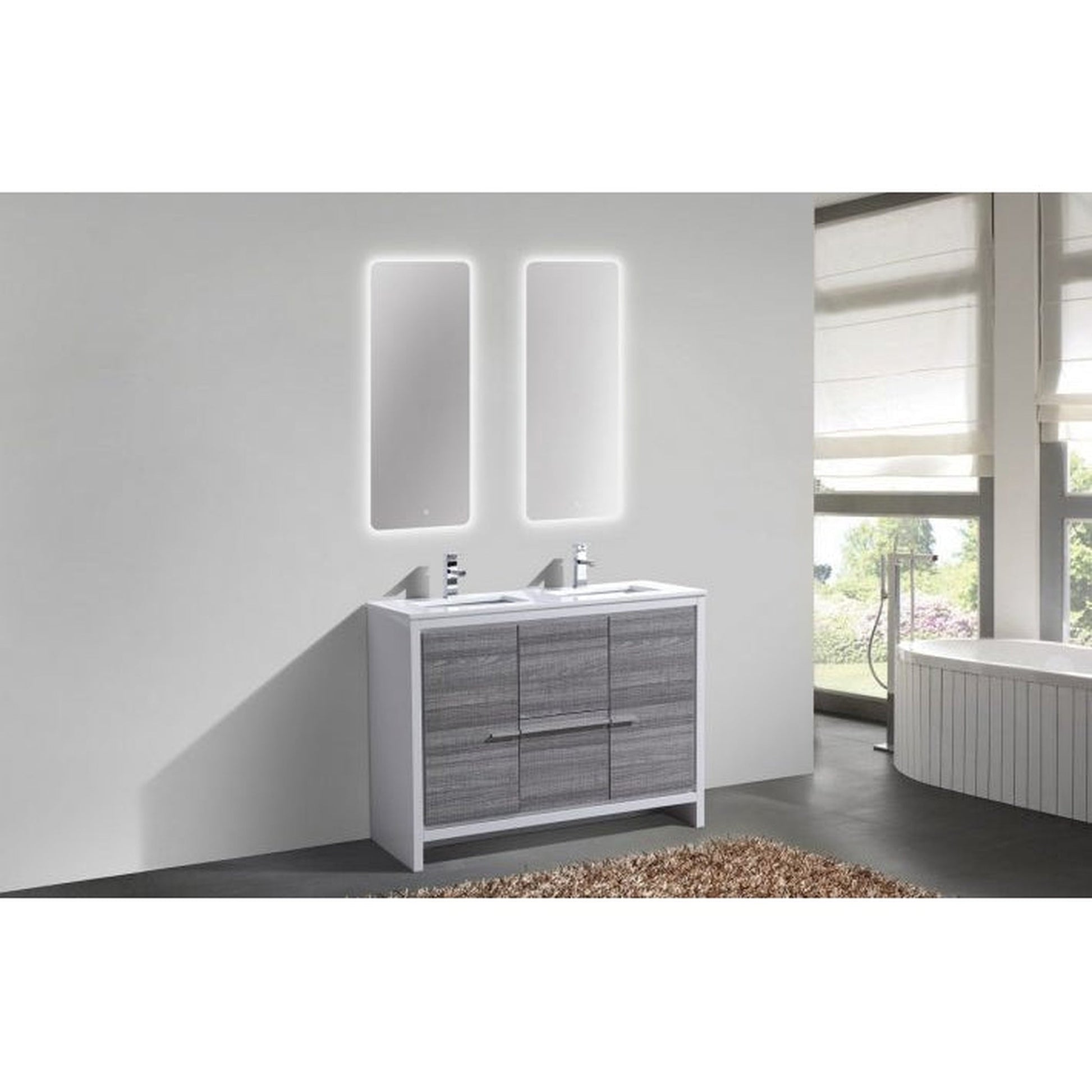 KubeBath Dolce 48" Ash Gray Freestanding Modern Bathroom Vanity With Quartz Vanity Top & Ceramic Double Sink With Overflow and 48" White Framed Mirror With Shelf