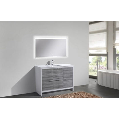KubeBath Dolce 48" Ash Gray Freestanding Modern Bathroom Vanity With Quartz Vanity Top & Ceramic Sink With Overflow and 48" White Framed Mirror With Shelf