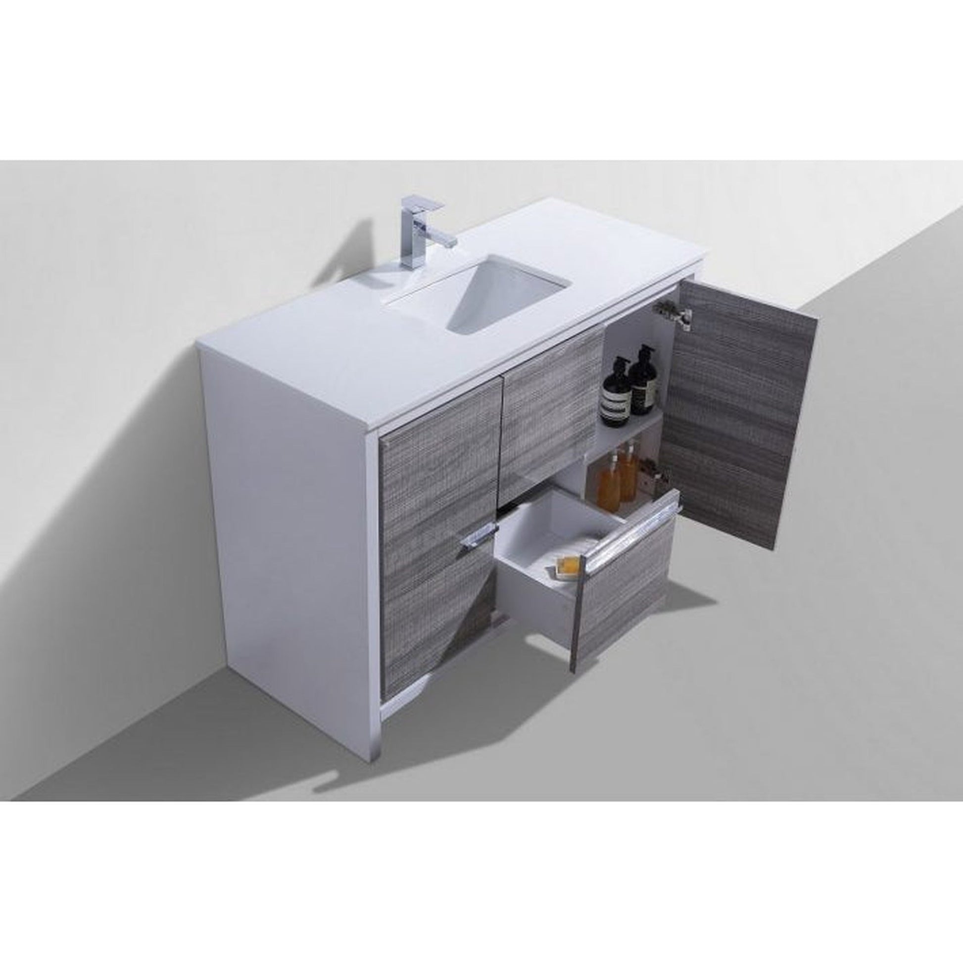 KubeBath Dolce 48" Ash Gray Freestanding Modern Bathroom Vanity With Quartz Vanity Top & Ceramic Sink With Overflow and 48" White Framed Mirror With Shelf