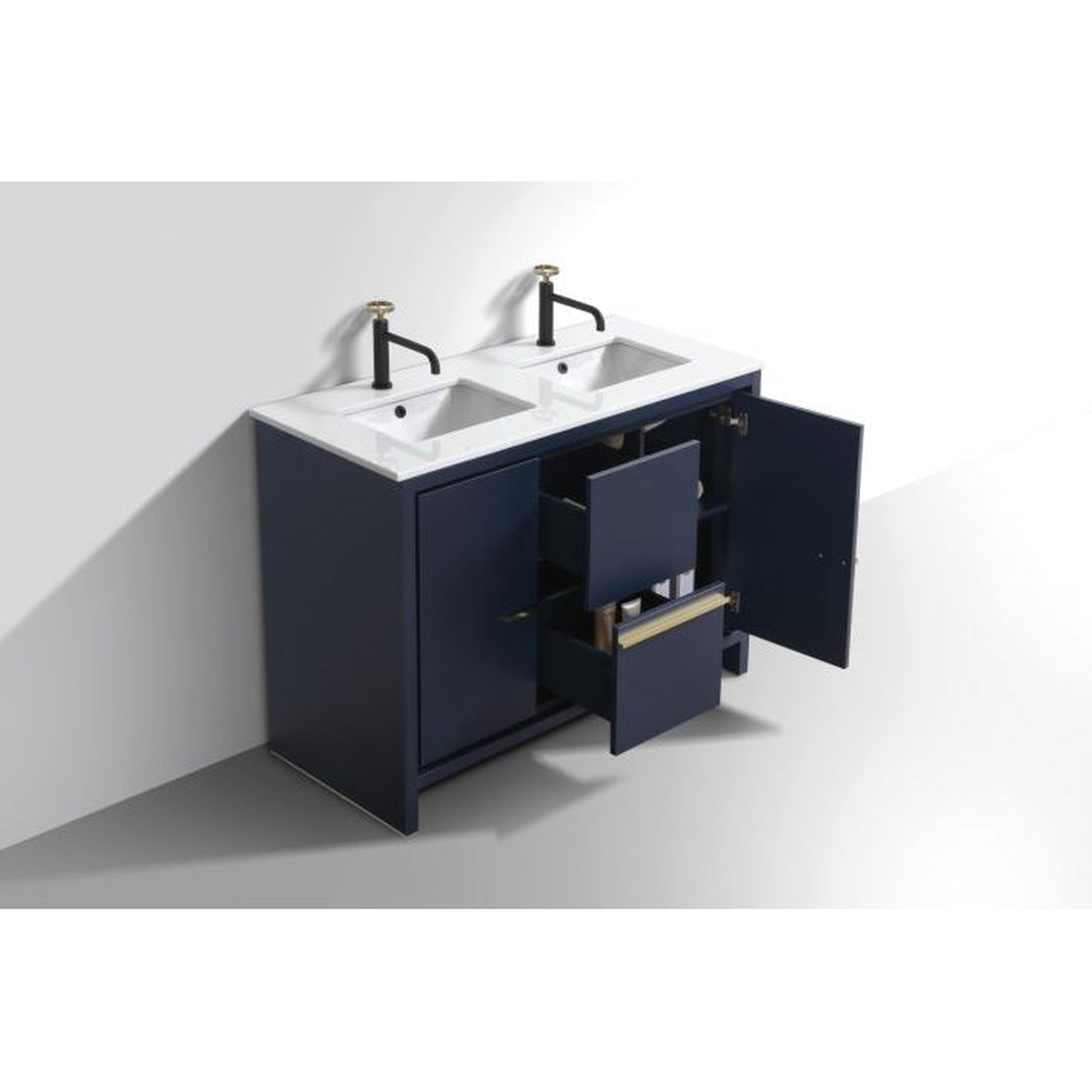 KubeBath Dolce 48" Blue Freestanding Modern Bathroom Vanity With Quartz Vanity Top & Ceramic Double Sink With Overflow