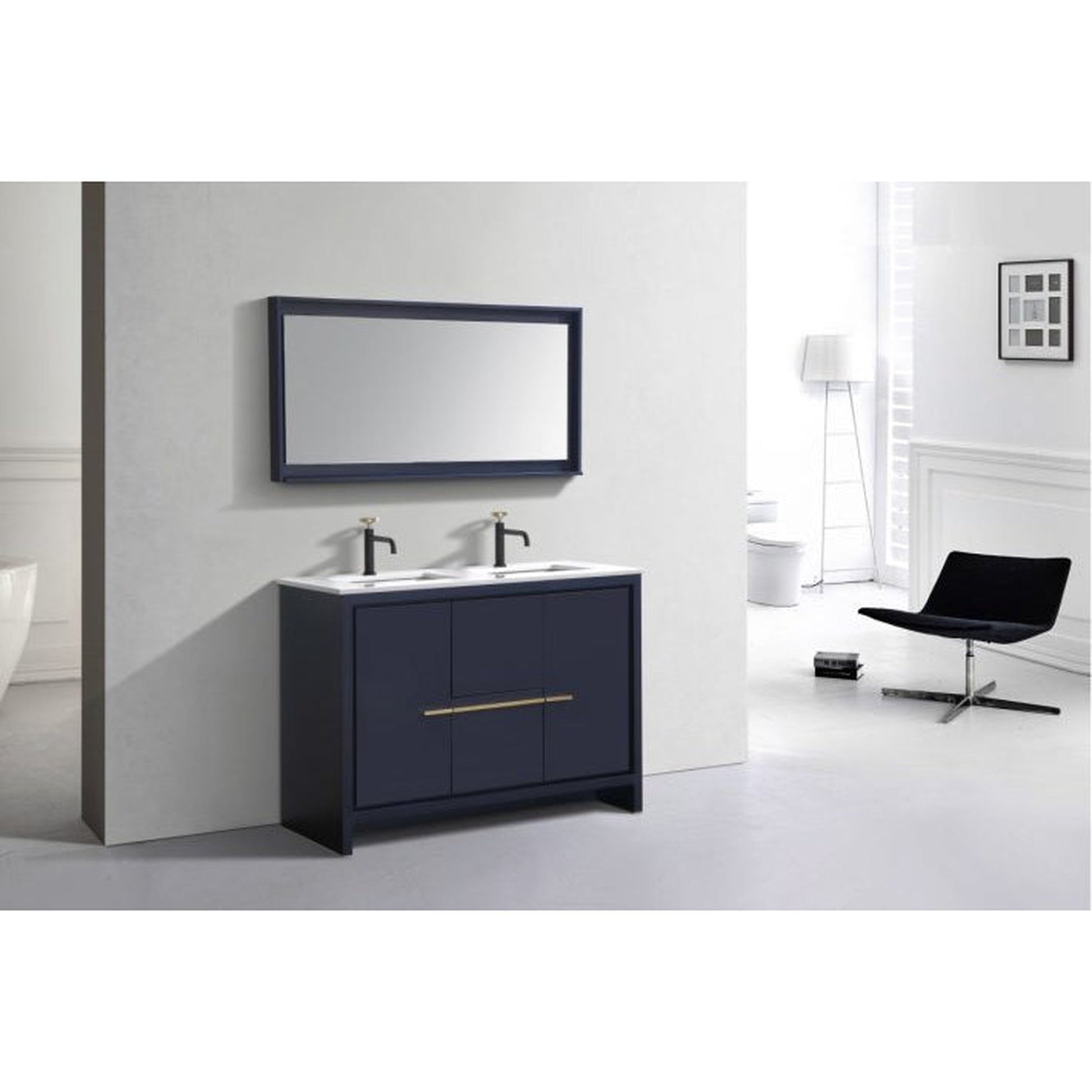 KubeBath Dolce 48" Blue Freestanding Modern Bathroom Vanity With Quartz Vanity Top & Ceramic Double Sink With Overflow and 48" White Framed Mirror With Shelf