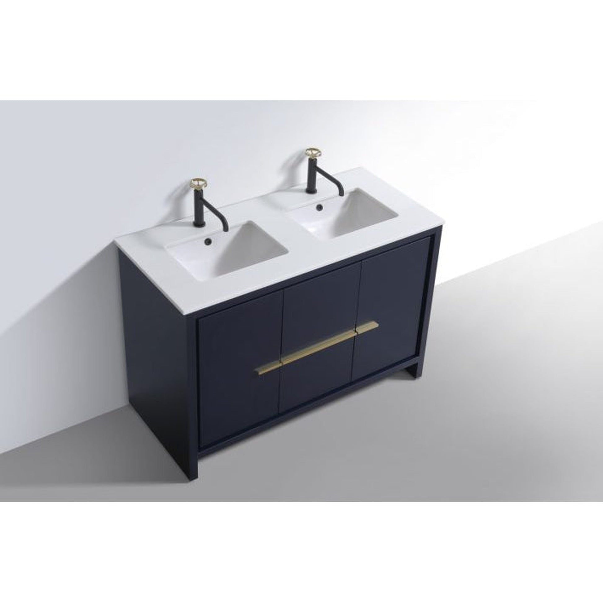 KubeBath Dolce 48" Blue Freestanding Modern Bathroom Vanity With Quartz Vanity Top & Ceramic Double Sink With Overflow and 48" White Framed Mirror With Shelf