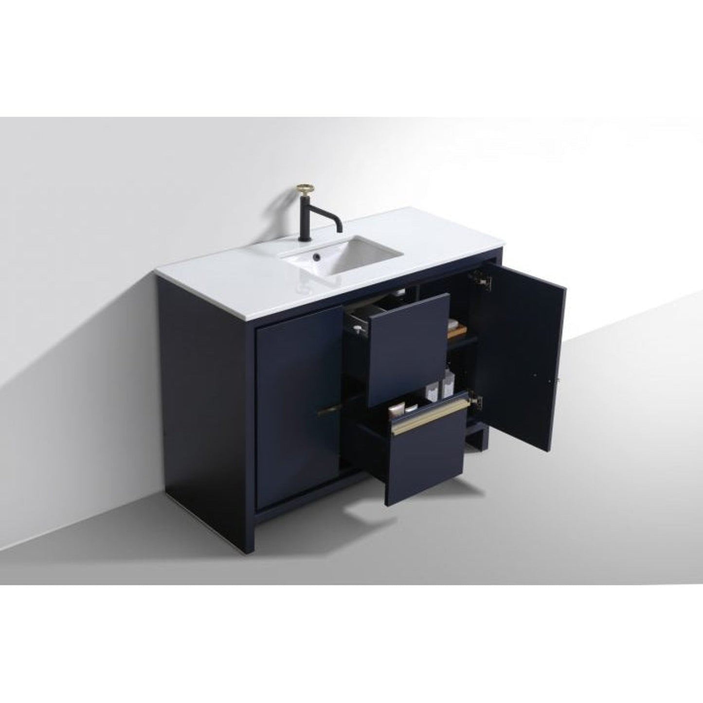 KubeBath Dolce 48" Blue Freestanding Modern Bathroom Vanity With Quartz Vanity Top & Ceramic Sink With Overflow