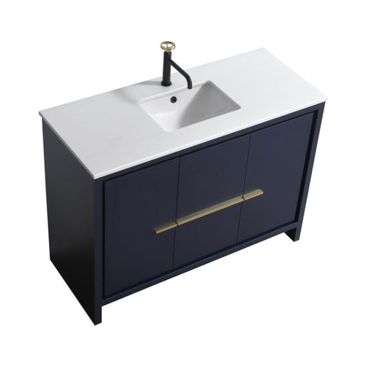 KubeBath Dolce 48" Blue Freestanding Modern Bathroom Vanity With Quartz Vanity Top & Ceramic Sink With Overflow and 48" White Framed Mirror With Shelf