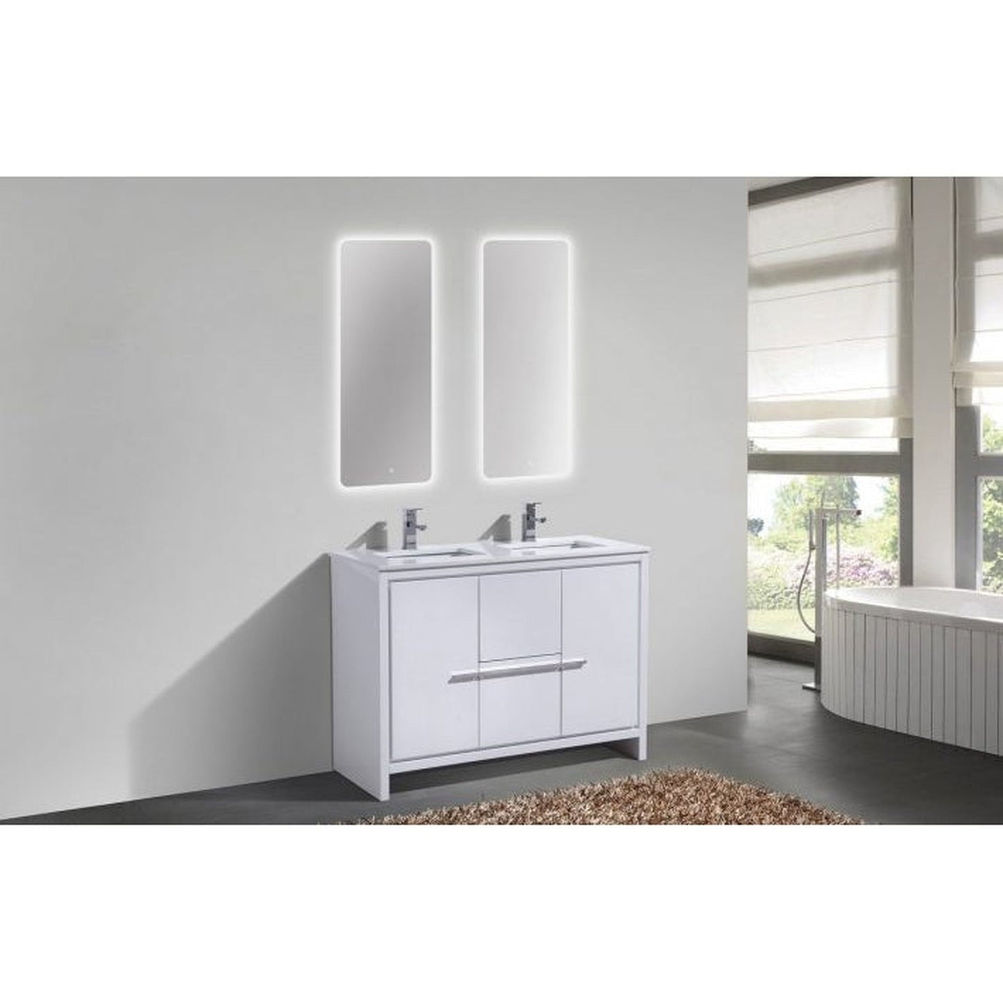 KubeBath Dolce 48" High Gloss White Freestanding Modern Bathroom Vanity With Quartz Vanity Top & Ceramic Double Sink With Overflow