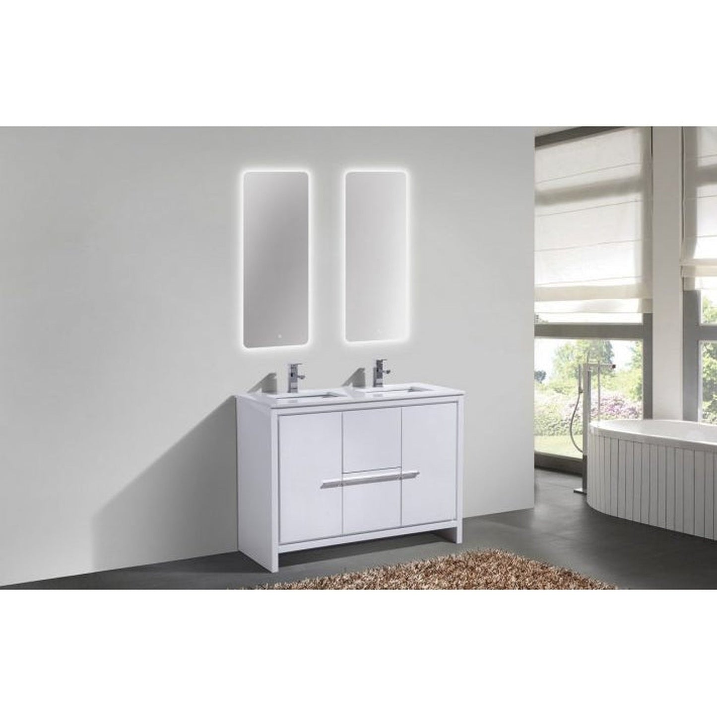 KubeBath Dolce 48" High Gloss White Freestanding Modern Bathroom Vanity With Quartz Vanity Top & Ceramic Double Sink With Overflow and 48" White Framed Mirror With Shelf