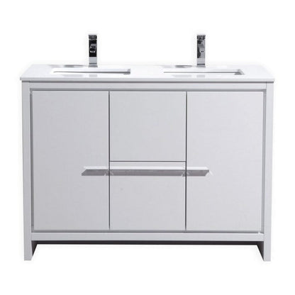 KubeBath Dolce 48" High Gloss White Freestanding Modern Bathroom Vanity With Quartz Vanity Top & Ceramic Double Sink With Overflow and 48" White Framed Mirror With Shelf