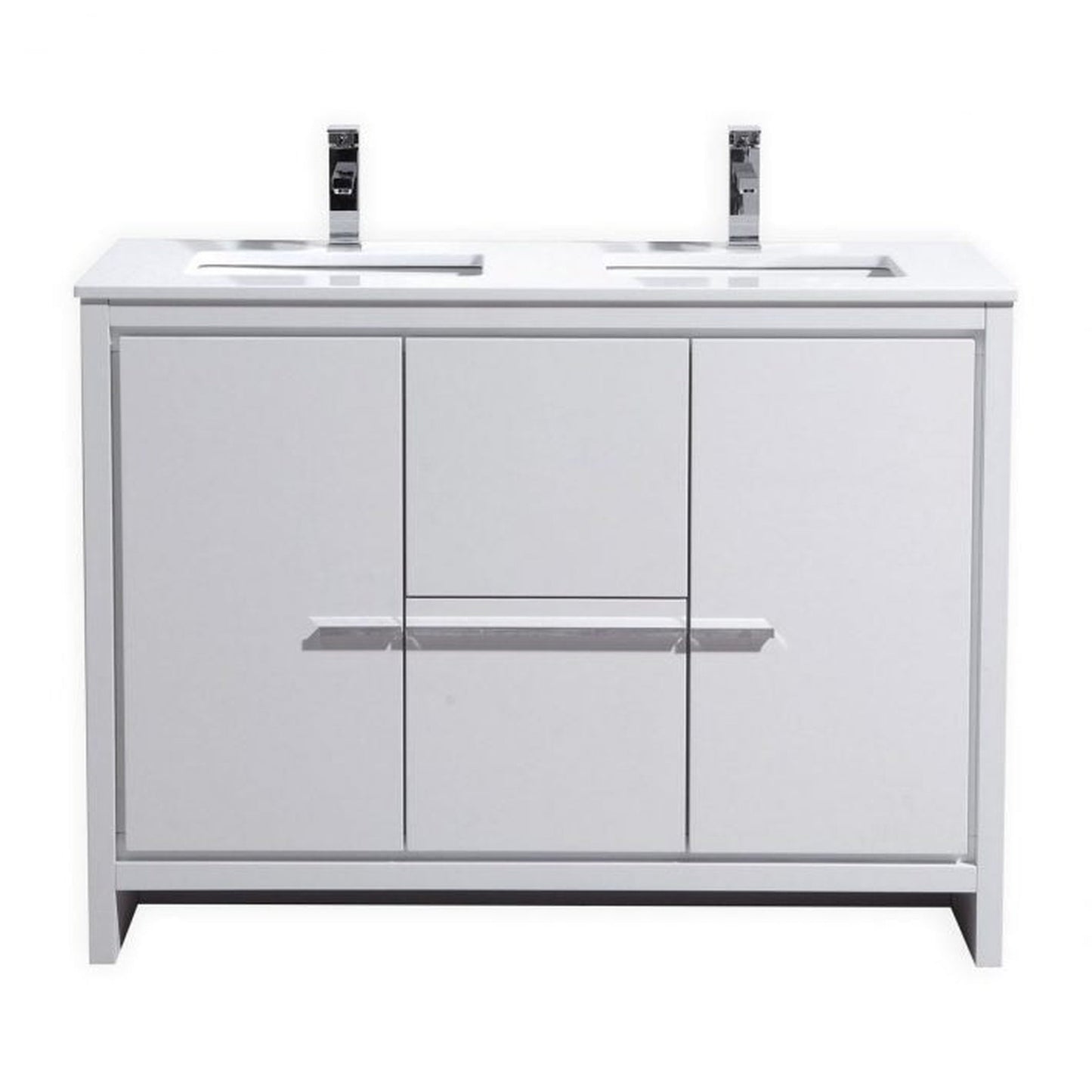 KubeBath Dolce 48" High Gloss White Freestanding Modern Bathroom Vanity With Quartz Vanity Top & Ceramic Double Sink With Overflow