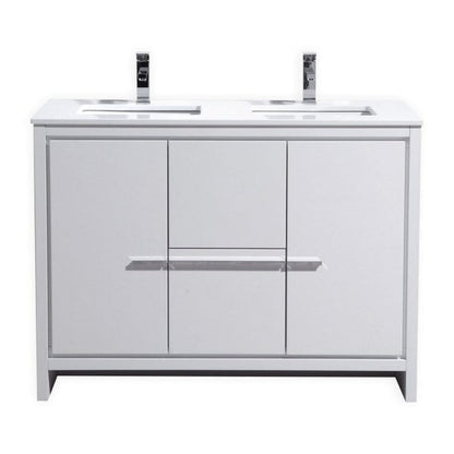 KubeBath Dolce 48" High Gloss White Freestanding Modern Bathroom Vanity With Quartz Vanity Top & Ceramic Double Sink With Overflow