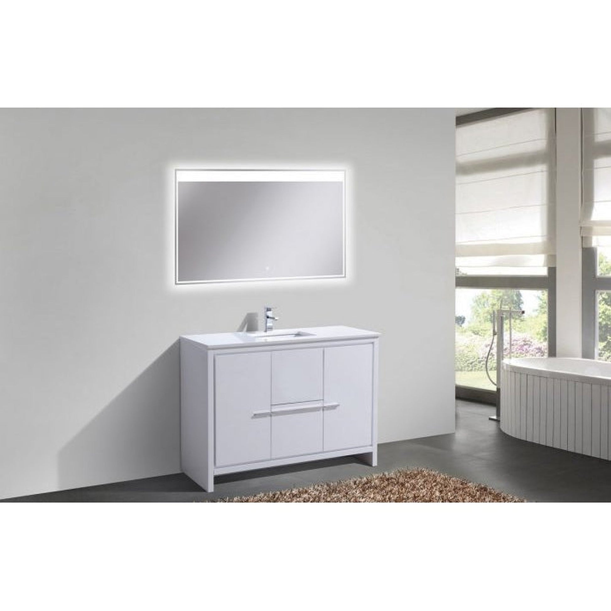 KubeBath Dolce 48" High Gloss White Freestanding Modern Bathroom Vanity With Quartz Vanity Top & Ceramic Sink With Overflow