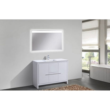 KubeBath Dolce 48" High Gloss White Freestanding Modern Bathroom Vanity With Quartz Vanity Top & Ceramic Sink With Overflow and 48" White Framed Mirror With Shelf