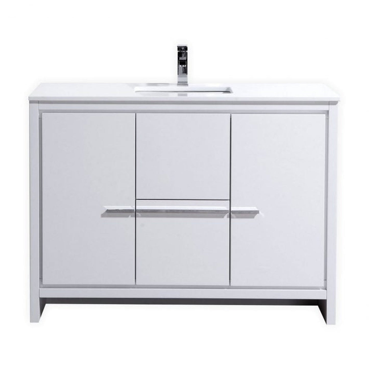 KubeBath Dolce 48" High Gloss White Freestanding Modern Bathroom Vanity With Quartz Vanity Top & Ceramic Sink With Overflow and 48" White Framed Mirror With Shelf