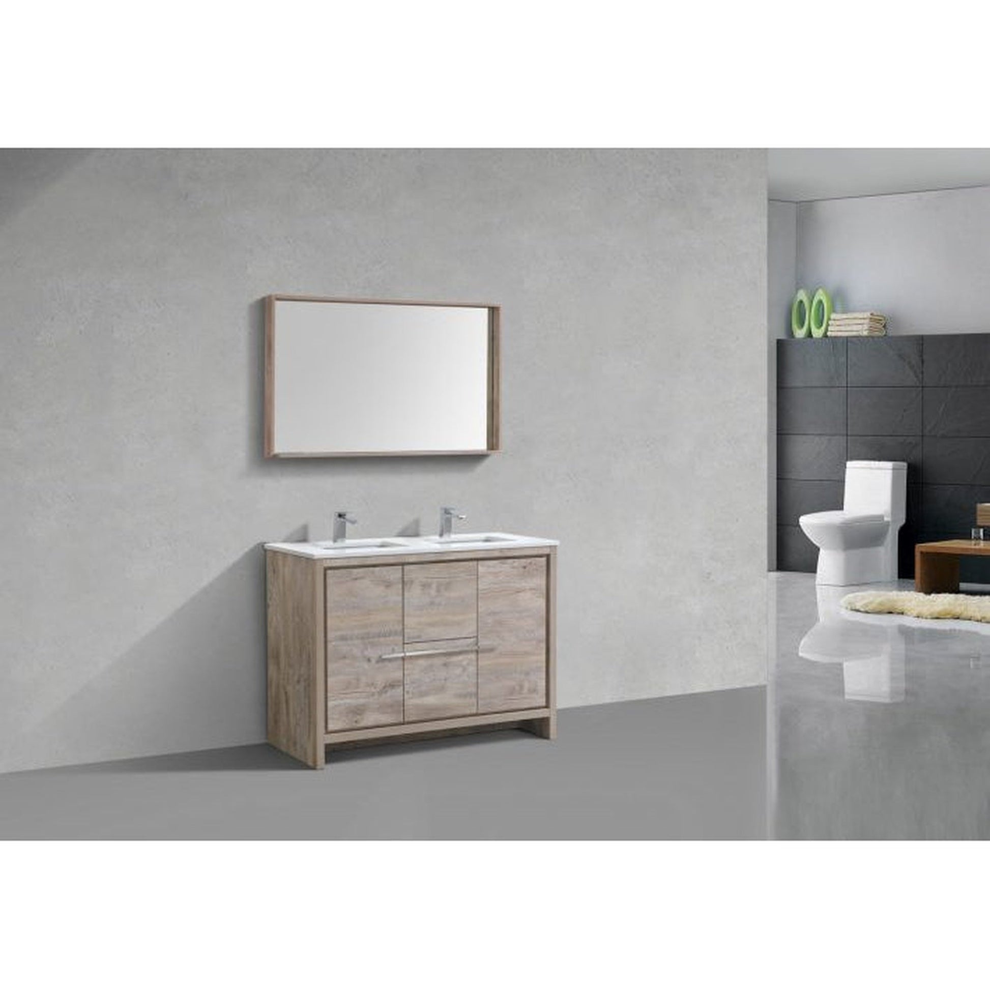 KubeBath Dolce 48" Nature Wood Freestanding Modern Bathroom Vanity With Quartz Vanity Top & Ceramic Double Sink With Overflow And 48" Wood Framed Mirror With Shelf