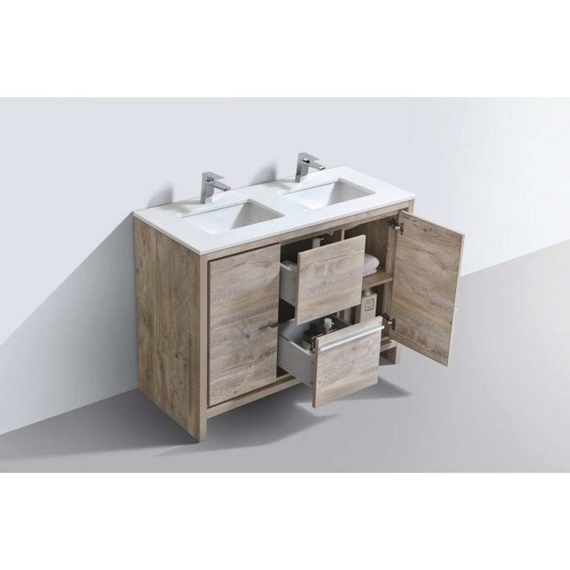 KubeBath Dolce 48" Nature Wood Freestanding Modern Bathroom Vanity With Quartz Vanity Top & Ceramic Double Sink With Overflow And 48" Wood Framed Mirror With Shelf