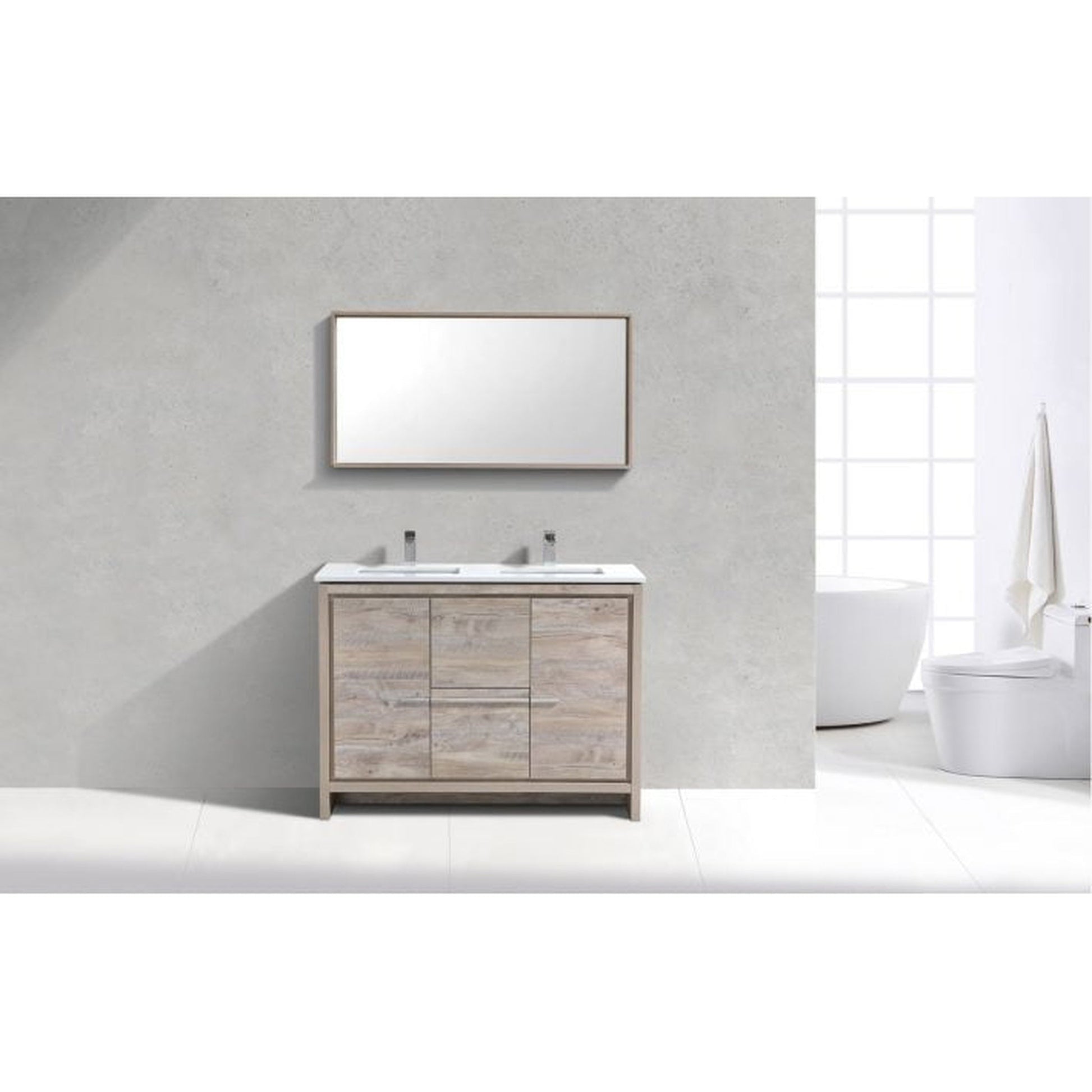 KubeBath Dolce 48" Nature Wood Freestanding Modern Bathroom Vanity With Quartz Vanity Top & Ceramic Double Sink With Overflow And 48" Wood Framed Mirror With Shelf