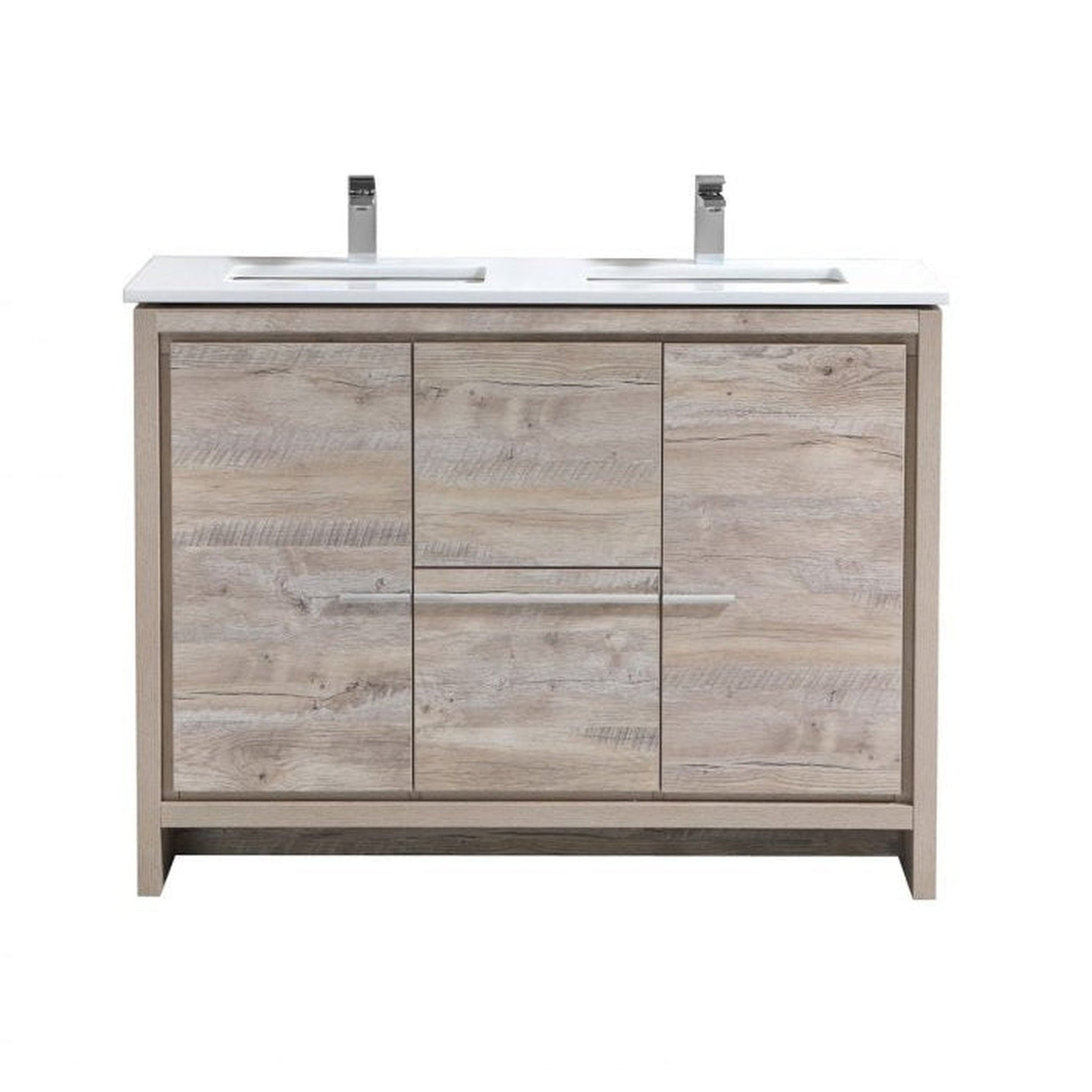 KubeBath Dolce 48" Nature Wood Freestanding Modern Bathroom Vanity With Quartz Vanity Top & Ceramic Double Sink With Overflow And 48" Wood Framed Mirror With Shelf