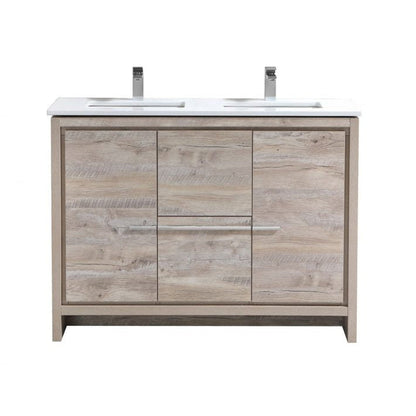 KubeBath Dolce 48" Nature Wood Freestanding Modern Bathroom Vanity With Quartz Vanity Top & Ceramic Double Sink With Overflow And 48" Wood Framed Mirror With Shelf