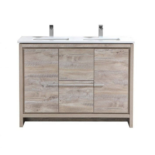 KubeBath Dolce 48" Nature Wood Freestanding Modern Bathroom Vanity With Quartz Vanity Top & Ceramic Double Sink With Overflow