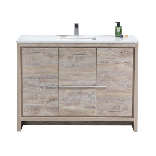 KubeBath Dolce 48" Nature Wood Freestanding Modern Bathroom Vanity With Quartz Vanity Top & Ceramic Sink With Overflow and 48" Wood Framed Mirror With Shelf