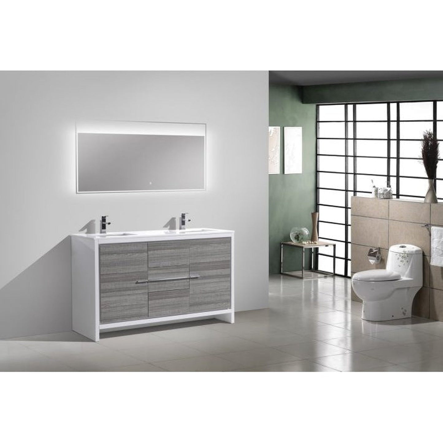 KubeBath Dolce 60" Ash Gray Freestanding Modern Bathroom Vanity With Quartz Vanity Top & Ceramic Double Sink With Overflow and 60" White Framed Mirror With Shelf