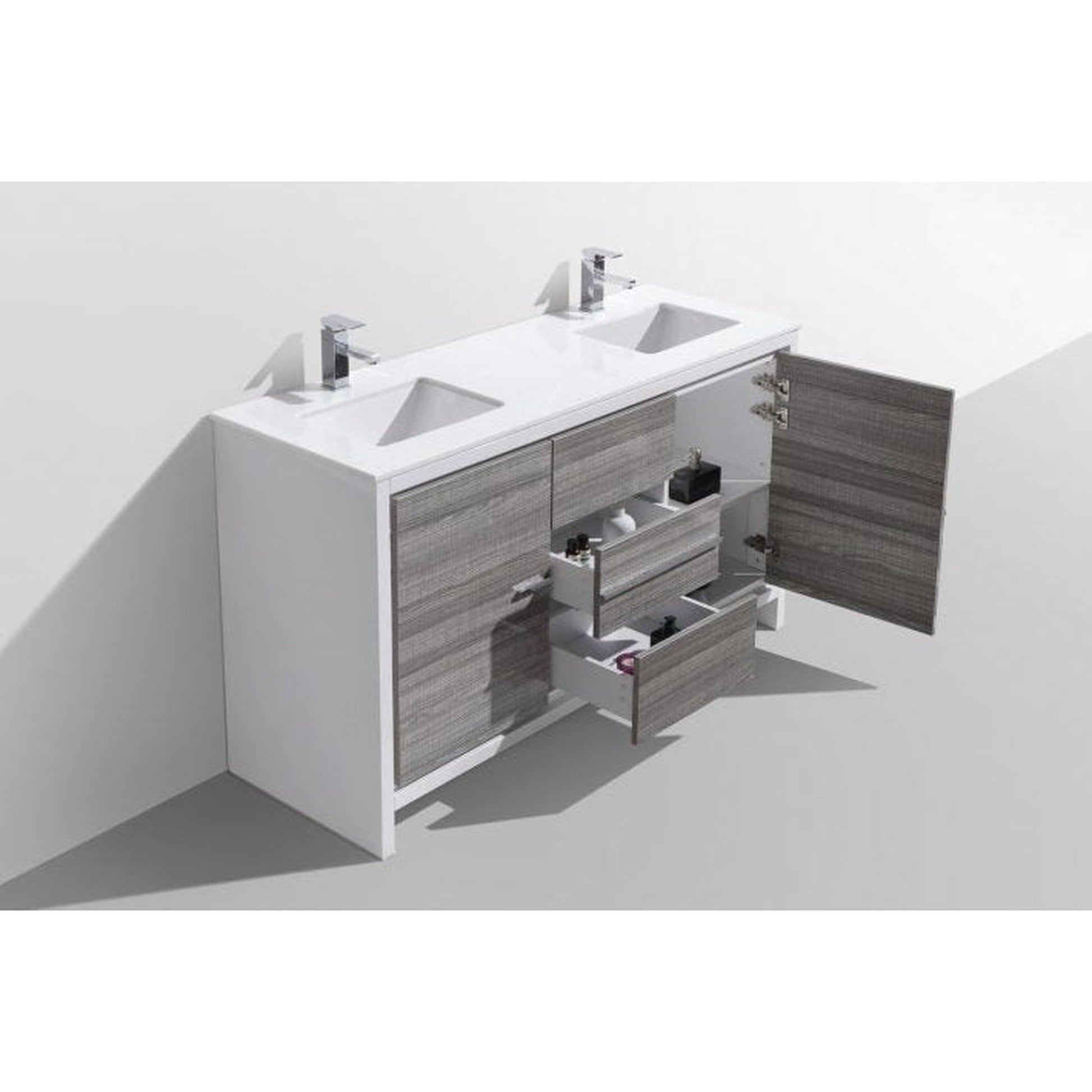 KubeBath Dolce 60" Ash Gray Freestanding Modern Bathroom Vanity With Quartz Vanity Top & Ceramic Double Sink With Overflow and 60" White Framed Mirror With Shelf