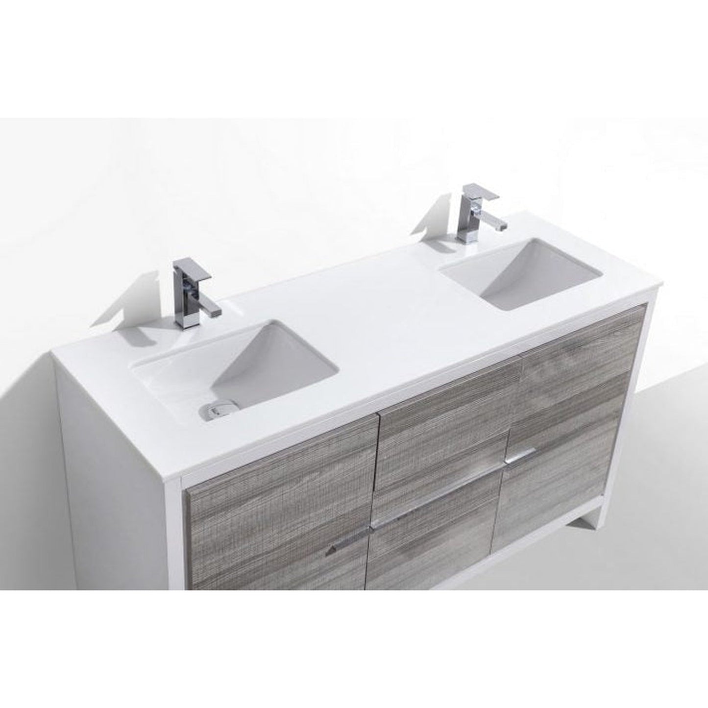 KubeBath Dolce 60" Ash Gray Freestanding Modern Bathroom Vanity With Quartz Vanity Top & Ceramic Double Sink With Overflow and 60" White Framed Mirror With Shelf
