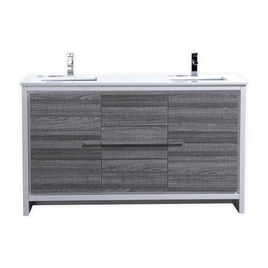 KubeBath Dolce 60" Ash Gray Freestanding Modern Bathroom Vanity With Quartz Vanity Top & Ceramic Double Sink With Overflow and 60" White Framed Mirror With Shelf