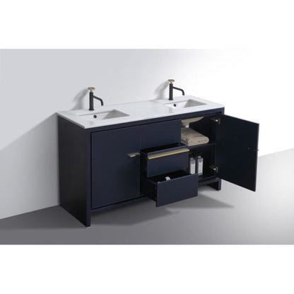 KubeBath Dolce 60" Blue Freestanding Modern Bathroom Vanity With Quartz Vanity Top & Ceramic Double Sink With Overflow