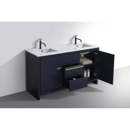 KubeBath Dolce 60" Blue Freestanding Modern Bathroom Vanity With Quartz Vanity Top & Ceramic Double Sink With Overflow and 60" White Framed Mirror With Shelf