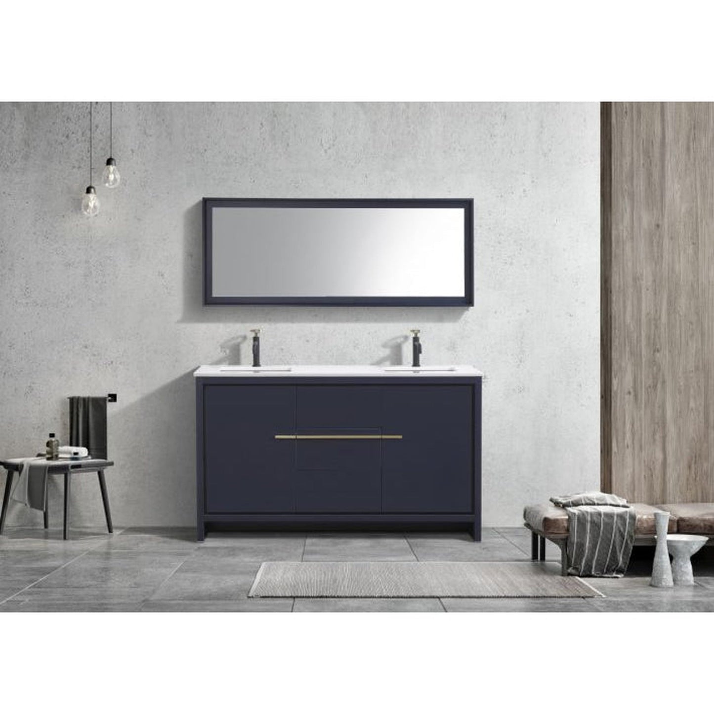KubeBath Dolce 60" Blue Freestanding Modern Bathroom Vanity With Quartz Vanity Top & Ceramic Double Sink With Overflow and 60" White Framed Mirror With Shelf