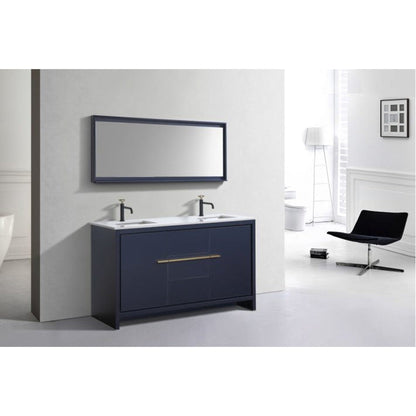 KubeBath Dolce 60" Blue Freestanding Modern Bathroom Vanity With Quartz Vanity Top & Ceramic Double Sink With Overflow and 60" White Framed Mirror With Shelf