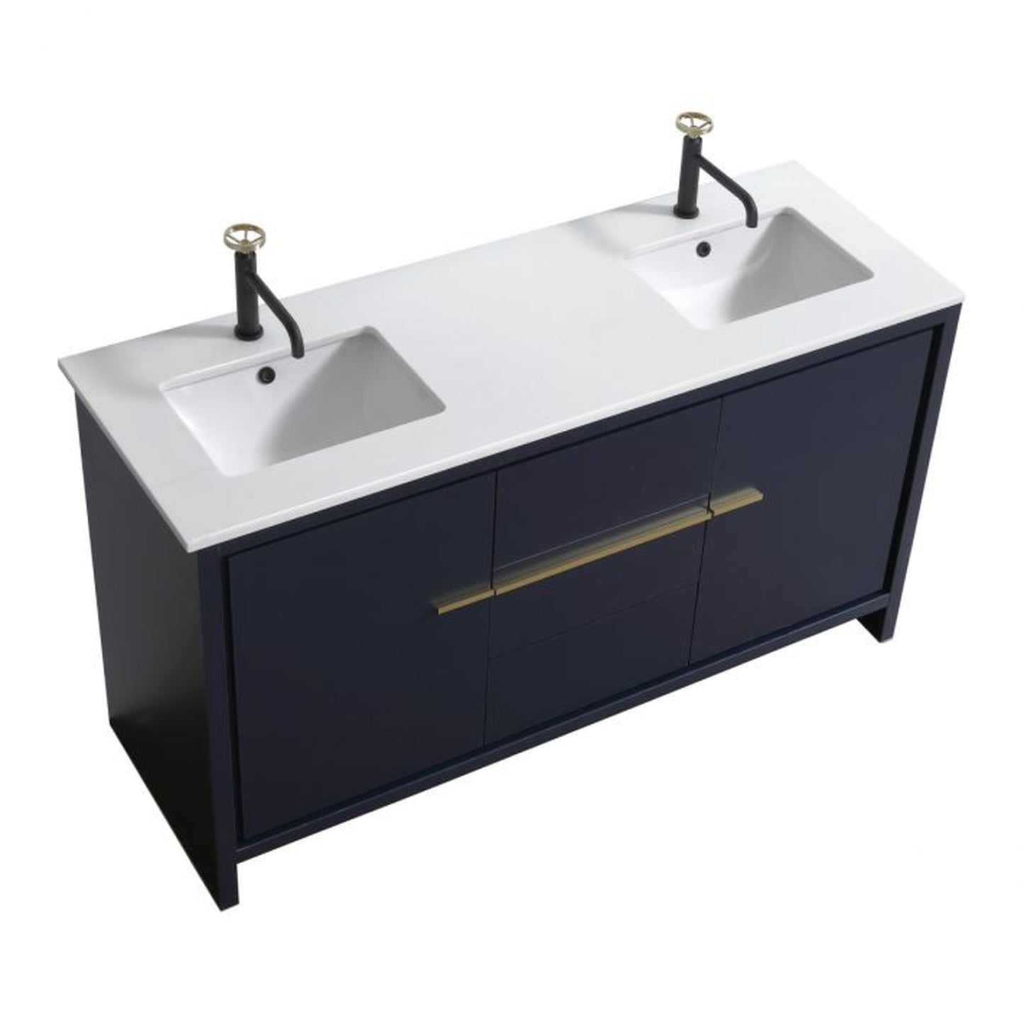 KubeBath Dolce 60" Blue Freestanding Modern Bathroom Vanity With Quartz Vanity Top & Ceramic Double Sink With Overflow and 60" White Framed Mirror With Shelf