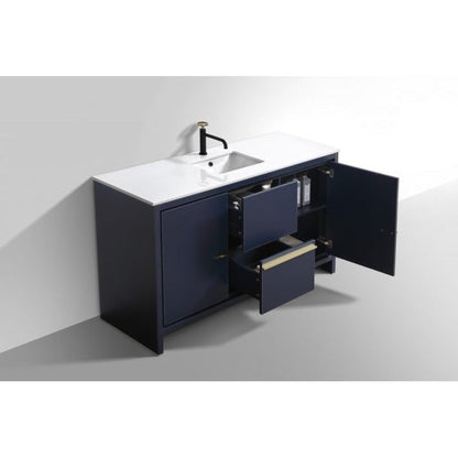 KubeBath Dolce 60" Blue Freestanding Modern Bathroom Vanity With Quartz Vanity Top & Ceramic Sink With Overflow and 60" White Framed Mirror With Shelf