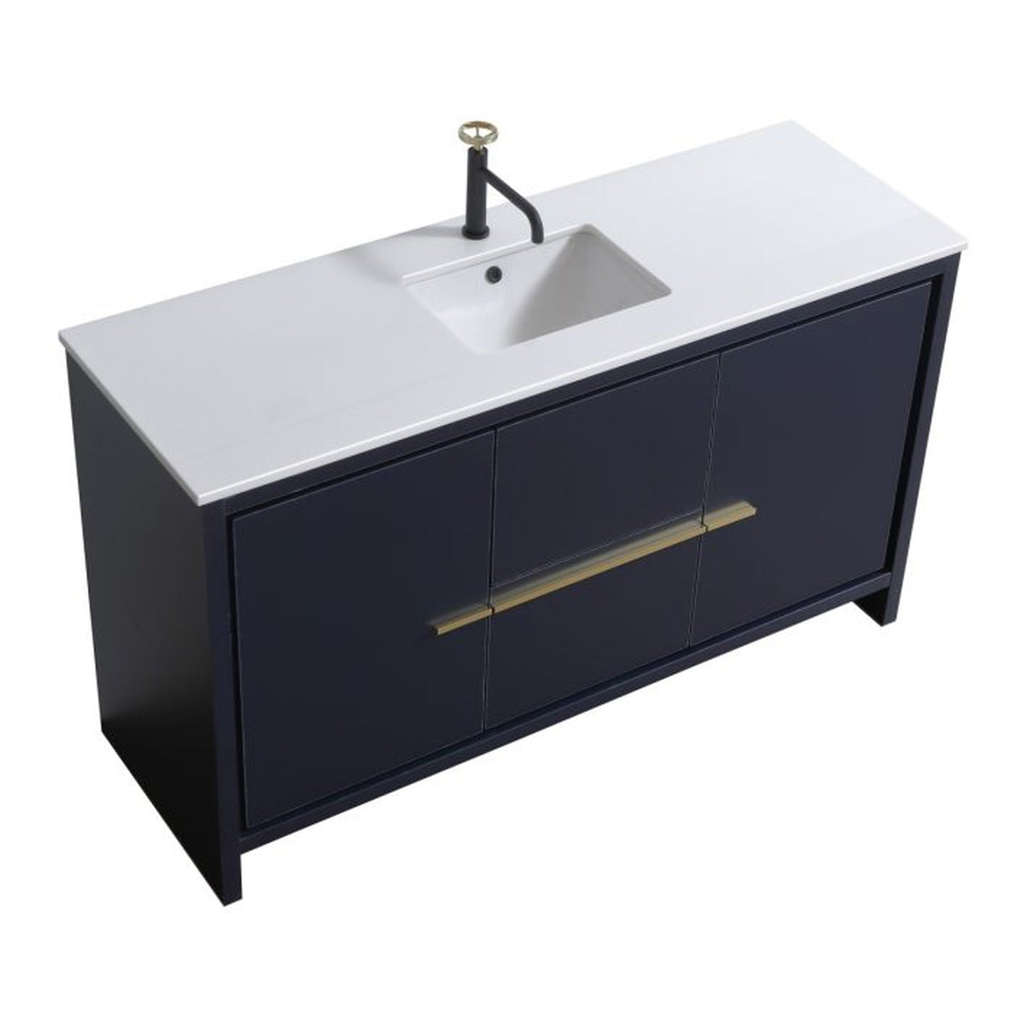 KubeBath Dolce 60" Blue Freestanding Modern Bathroom Vanity With Quartz Vanity Top & Ceramic Sink With Overflow and 60" White Framed Mirror With Shelf
